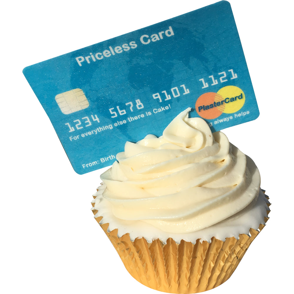 Pre-cut edible wafer credit / debit card - Priceless - Pack of 6 full sized tasty cake decorations / toppers 201-714 by CDA Products (Plastercard not Mastercard!)