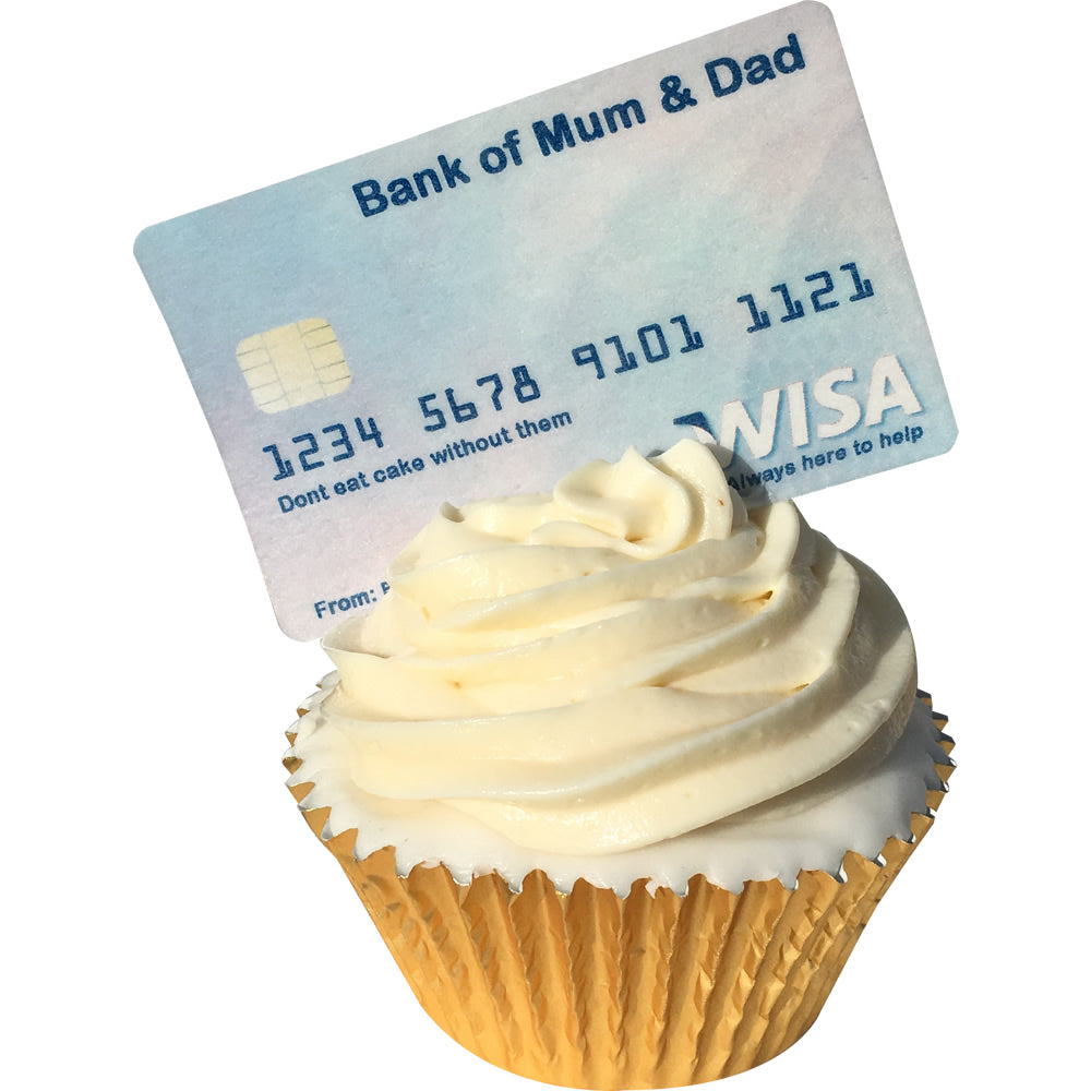 Pack of 6 Pre-Cut edible wafer credit card decorations - Bank of Mum & Dad. Visa debit / credit card toppers (not Visa!)
