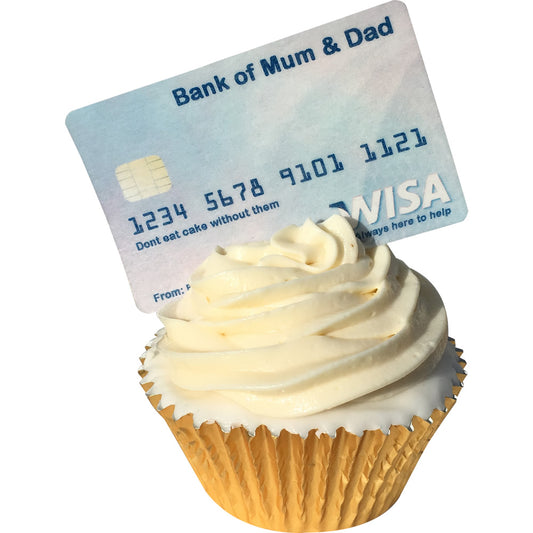 Pack of 6 Pre-Cut edible wafer credit card decorations - Bank of Mum & Dad. Visa debit / credit card toppers (not Visa!)