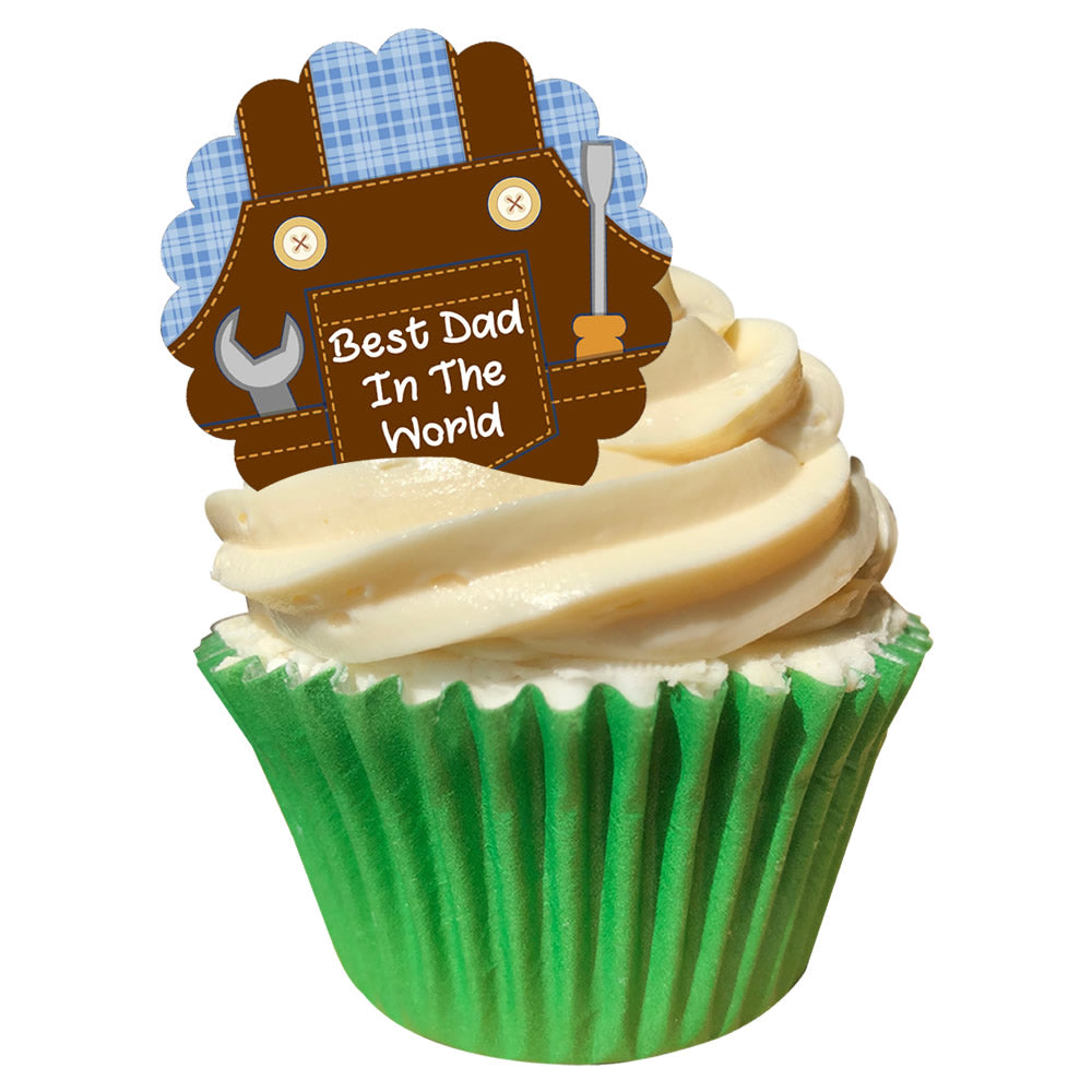 "Best Dad In The World" Brown Overalls Edible Cake Topper (Pack of 12)