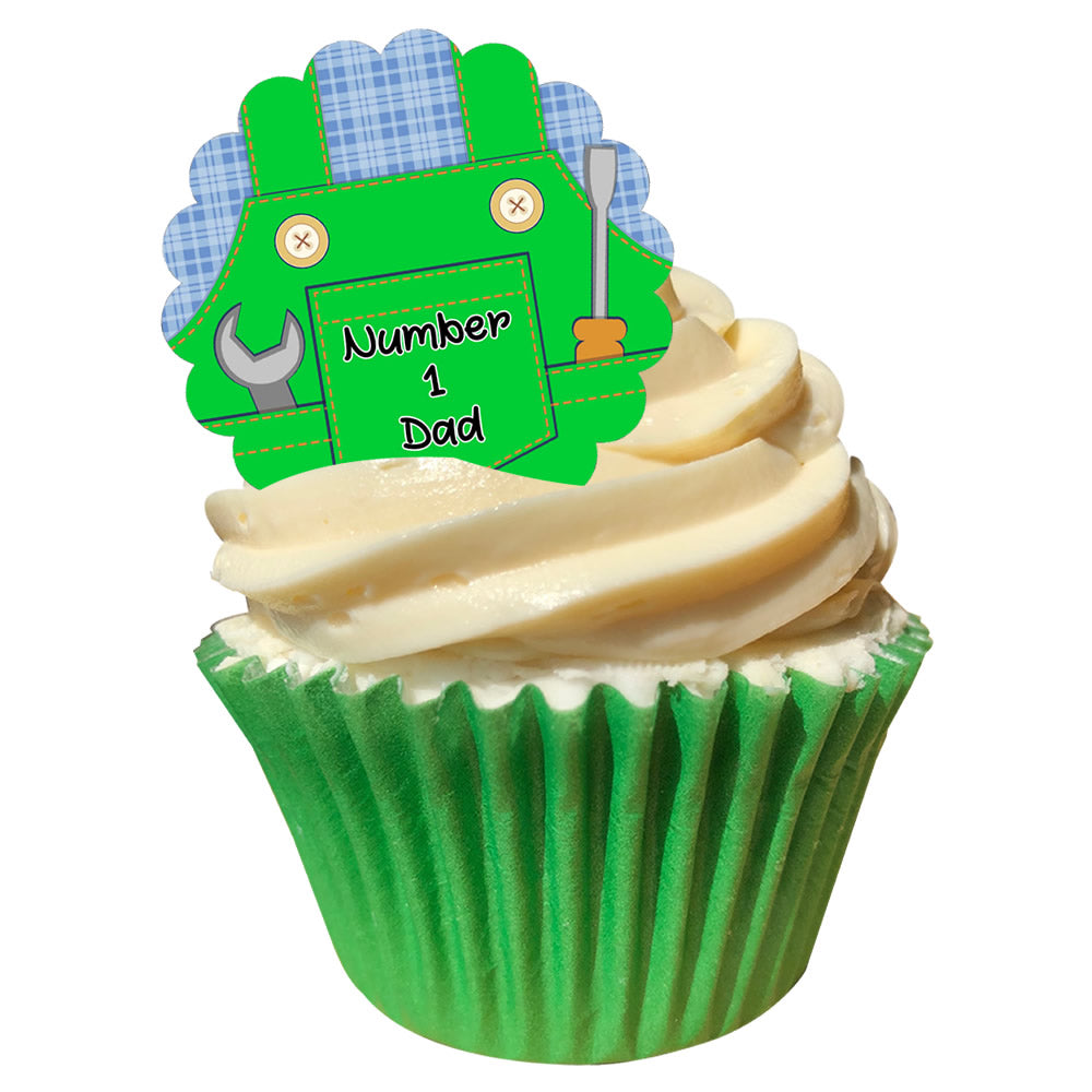 "Number 1 Dad" Green Overalls Edible Cake Topper (Pack of 12)