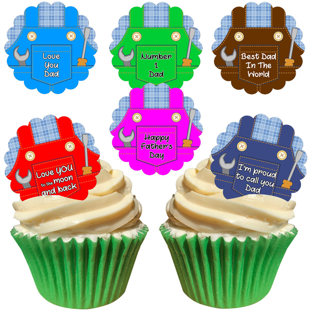 Dad’s Mixed Overalls Edible Cake Toppers (Pack of 12 – 6 Designs)